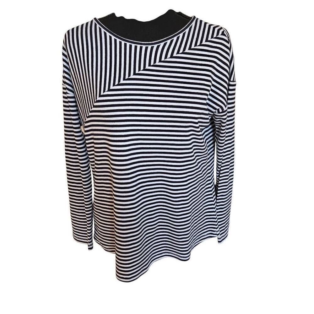 T By Talbots Womens Striped Cotton Blend Ribbed Knit Tee Black White Small